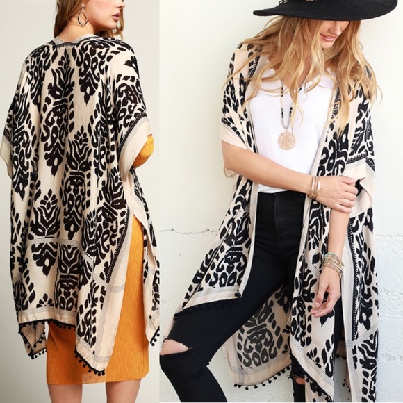 Boho Black Print Kimono, Pom Pom Trim - Picture 3 of 5